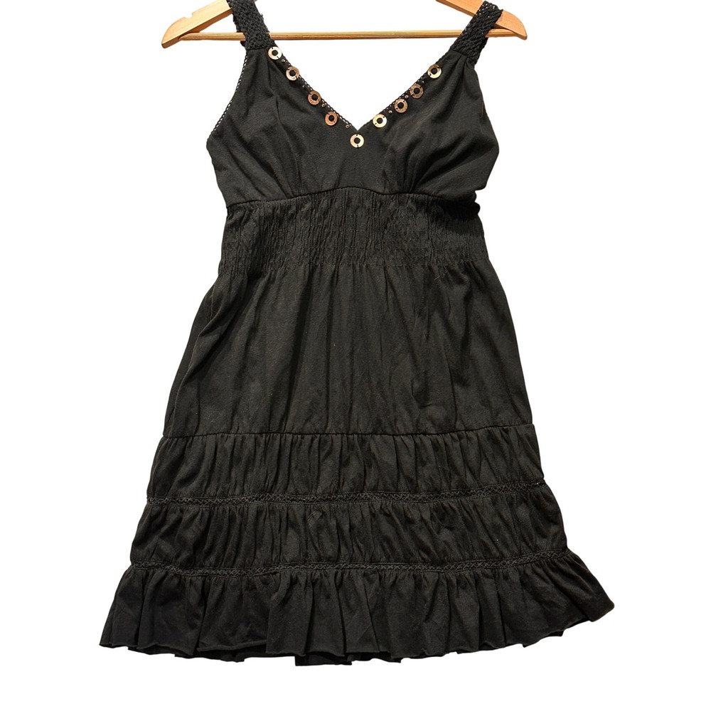 American Rag Dress Women XS Black Crochet Trim Studded Tiered Boho Mini Dress
